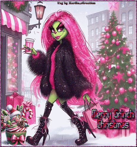 A Merry Grinch Christmas Greeting Card With A Grinch Holding A Pink Bag GIF