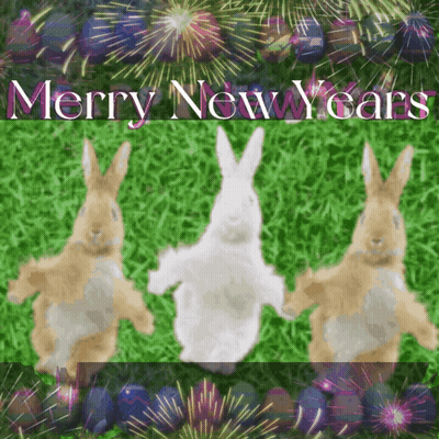 A Merry New Year Greeting Card With Three Rabbits And Fireworks In The Background GIF