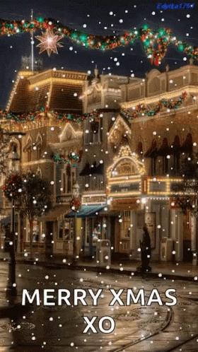 A Merry Xmas Greeting Card With A Snowy Street Scene GIF