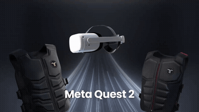 A Meta Quest 2 Advertisement Shows A Virtual Reality Headset And Two Vests GIF