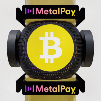 A Metalpay Sign With A Yellow Coin In The Middle GIF