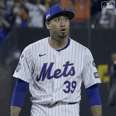 A Mets Baseball Player Wearing A Blue Hat And Jersey Number 39 GIF