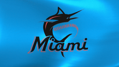 A Miami Logo With A Marlin And A Baseball On A Blue Background GIF