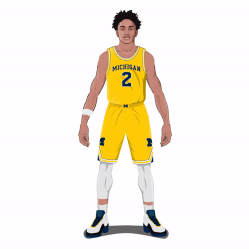 A Michigan Basketball Player Wears A Yellow Jersey And Shorts GIF