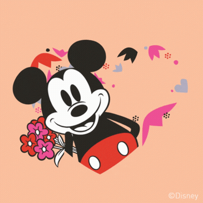 A Mickey Mouse Holding A Bouquet Of Flowers With The Words Love You Behind Him GIF