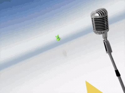 A Microphone With A Green Cartoon Character Flying In The Background GIF