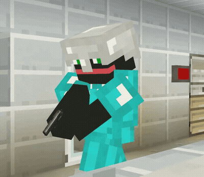 A Minecraft Character Holding A Gun And Wearing A Mask GIF
