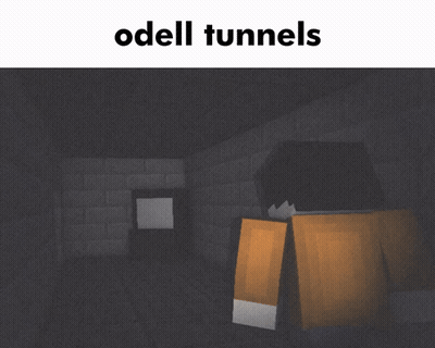 A Minecraft Character In A Dark Room With The Words Odell Tunnels Below Him GIF