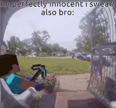 A Minecraft Character Is Sitting In A Chair With A Pickaxe And The Words I 'M Perfectly Innocent Also Bro GIF