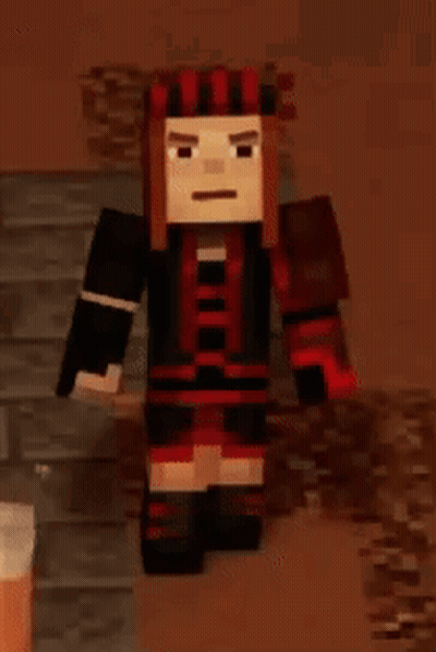 A Minecraft Character Is Standing In A Dark Room Holding A Sword And Wearing A Red And Black Outfit . GIF
