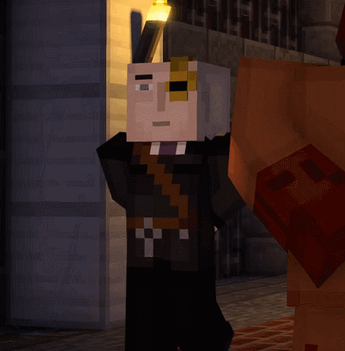 A Minecraft Character Is Standing In A Dark Room With A Torch In The Background GIF