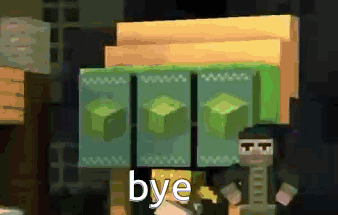 A Minecraft Character Is Standing In Front Of A Stack Of Green Cubes With The Words Bye Written On Them GIF