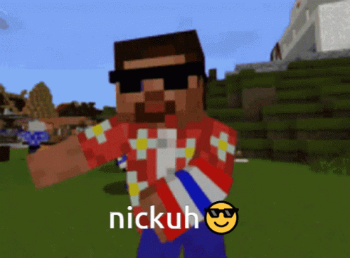 A Minecraft Character Wearing Sunglasses And A Red Shirt With The Word Nickuh On It GIF