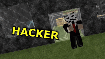 A Minecraft Character With A Mask Is Standing In Front Of A Door That Says Hacker On It GIF