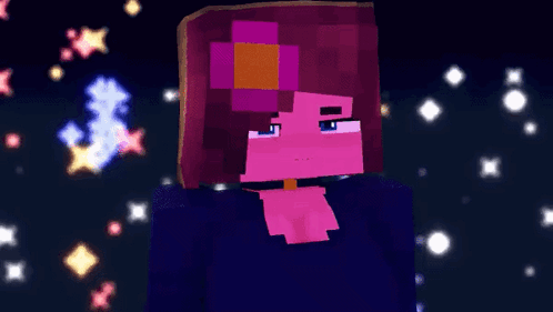 A Minecraft Character With A Purple Flower In Her Hair Is Standing In Front Of A Starry Sky . GIF