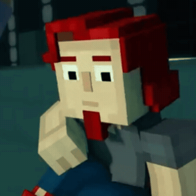 A Minecraft Character With Red Hair And A Beard Is Sitting Down With His Hand On His Chin . GIF