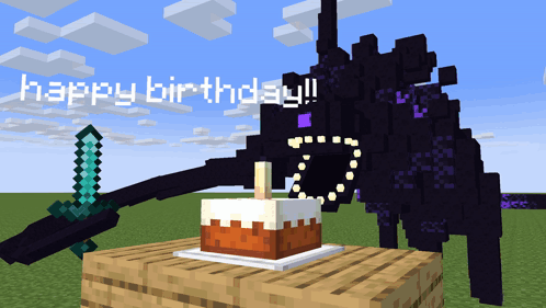 A Minecraft Monster Holding A Sword And A Cake With The Words Happy Birthday GIF