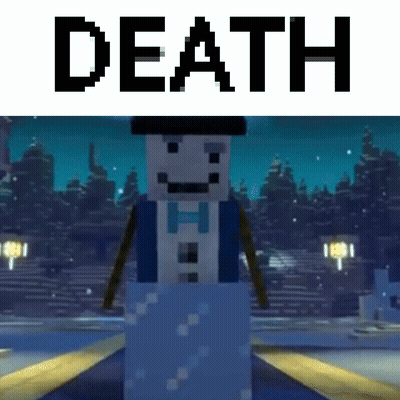 A Minecraft Snowman Is Standing In Front Of A Sign That Says `` Death '' . GIF