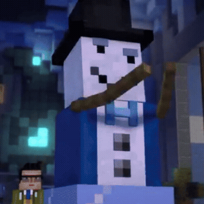 A Minecraft Snowman With A Hat And A Stick In His Mouth . GIF