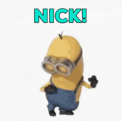 A Minion From The Movie Despicable Me Is Dancing With The Words `` Nick '' Above Him . GIF