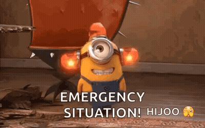 A Minion From The Movie Despicable Me Is Standing In Front Of A Red Object And Says `` Emergency Situation ! '' GIF