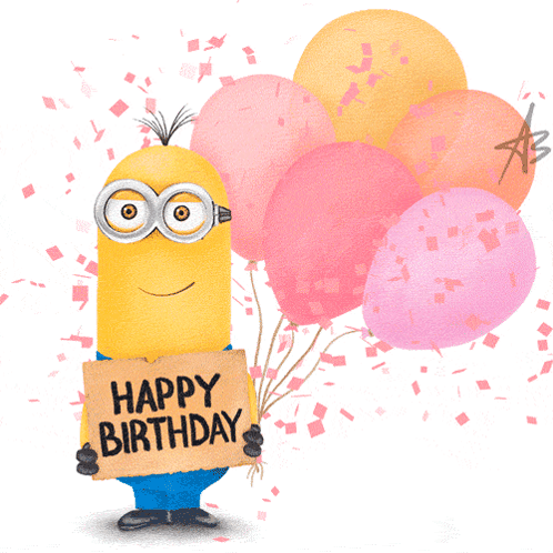 A Minion Holding Balloons And A Sign That Says Happy Birthday GIF