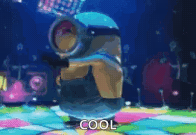 A Minion Is Dancing On A Colorful Dance Floor And The Words Cool Are Visible In The Background . GIF