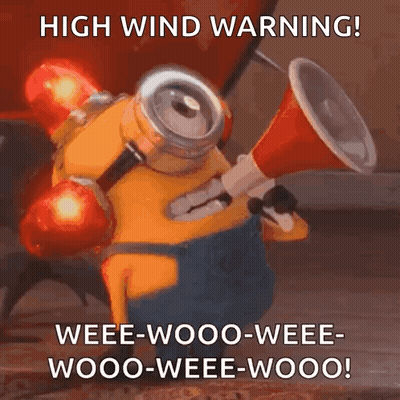 A Minion Is Holding A Megaphone With The Words High Wind Warning On It GIF