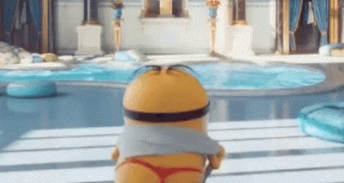 Minion In Bikini Bottom In Front Of Pool GIF