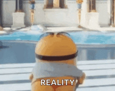 A Minion Is Standing In Front Of A Pool With The Word Reality Written On It . GIF