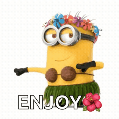 A Minion Wearing A Hula Skirt And A Flower Crown Is Dancing . GIF