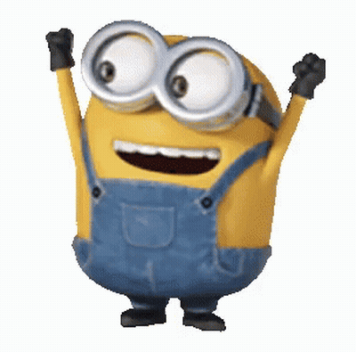 A Minion Wearing Overalls And Goggles Is Raising His Arms In The Air . GIF