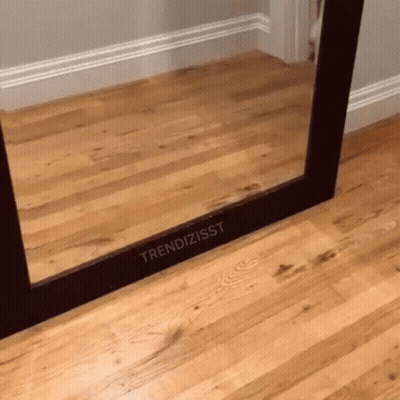 A Mirror On A Wooden Floor Has The Word Trendizisst Written On It GIF
