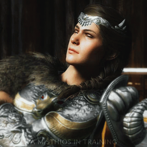 A Misthios In Training Poster Of A Woman Wearing Armor GIF