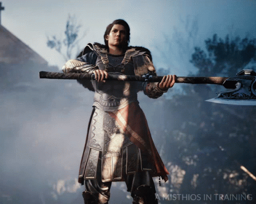 A Misthios In Training Poster With A Man Holding A Large Sword GIF