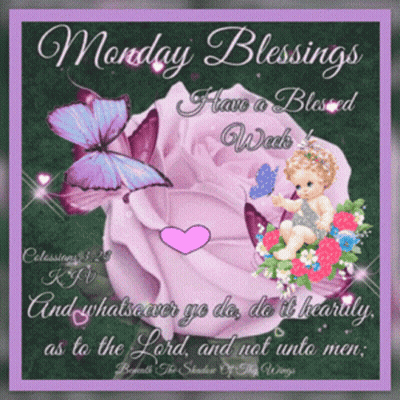 A Monday Blessings Greeting Card With A Purple Rose And Butterflies GIF