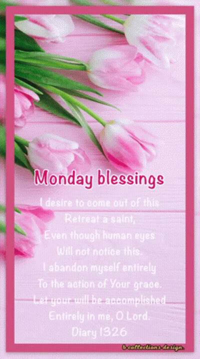 A Monday Blessings Greeting Card With Pink Flowers On A Pink Background GIF