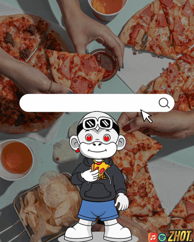 A Monkey Holding A Slice Of Pizza Is Surrounded By Pizzas And Chips GIF