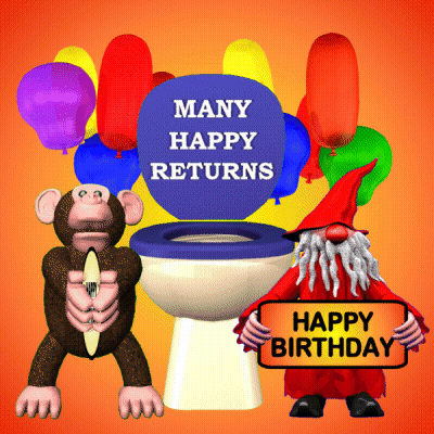 A Monkey Holding A Surfboard Next To A Toilet That Says Many Happy Returns On It GIF