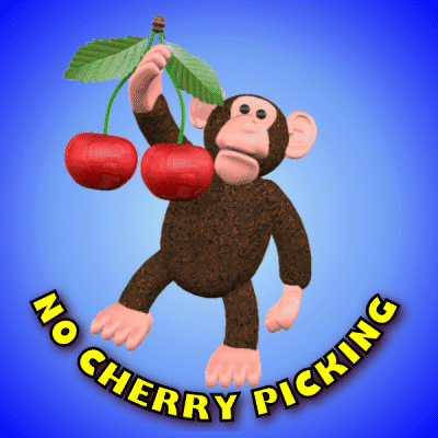 A Monkey Holding Two Cherries With The Words " No Cherry Picking " On The Bottom GIF