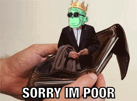 A Monkey In A Suit Is Sitting In An Empty Wallet With The Words Sorry Im Poor Written On It GIF