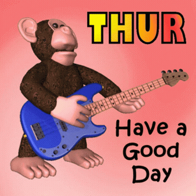 A Monkey Is Holding A Blue Guitar With The Words Have A Good Day Below It GIF