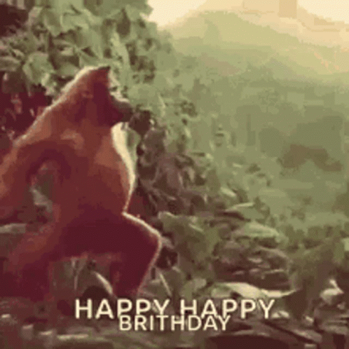 A Monkey Is Jumping In The Air With The Words `` Happy Happy Brithday '' In The Background . GIF