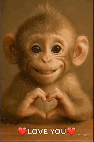 a monkey is making a heart shape with its hands and says love you .