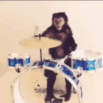 A Monkey Is Playing A Drum Set On A White Background . GIF