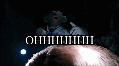 A Monkey Is Pointing At Something In The Dark With The Words Ohhhhhhh Behind Him GIF