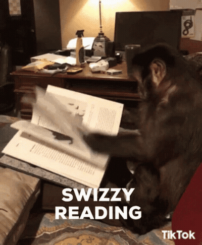 A Monkey Is Reading A Book With The Words Swizzy Reading Below It GIF