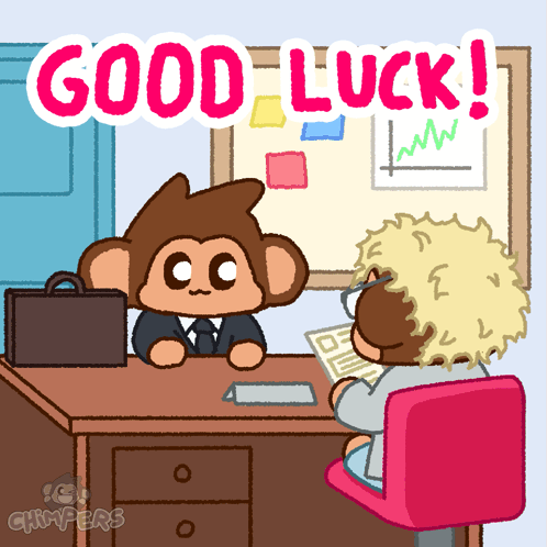 A Monkey Is Sitting At A Desk Talking To Another Monkey With The Words Good Luck Written Above Them GIF