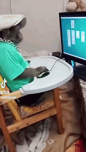 A Monkey Is Sitting In A High Chair Playing A Game On A Computer Screen . GIF