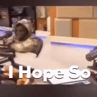 A Monkey Is Sitting In Front Of A Microphone With The Words I Hope So Written On The Screen GIF